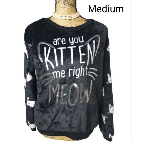 Women's Plush Sweater Sequin Kitten So Soft Black Pullover Sweatshirt M NWOT - Picture 1 of 8